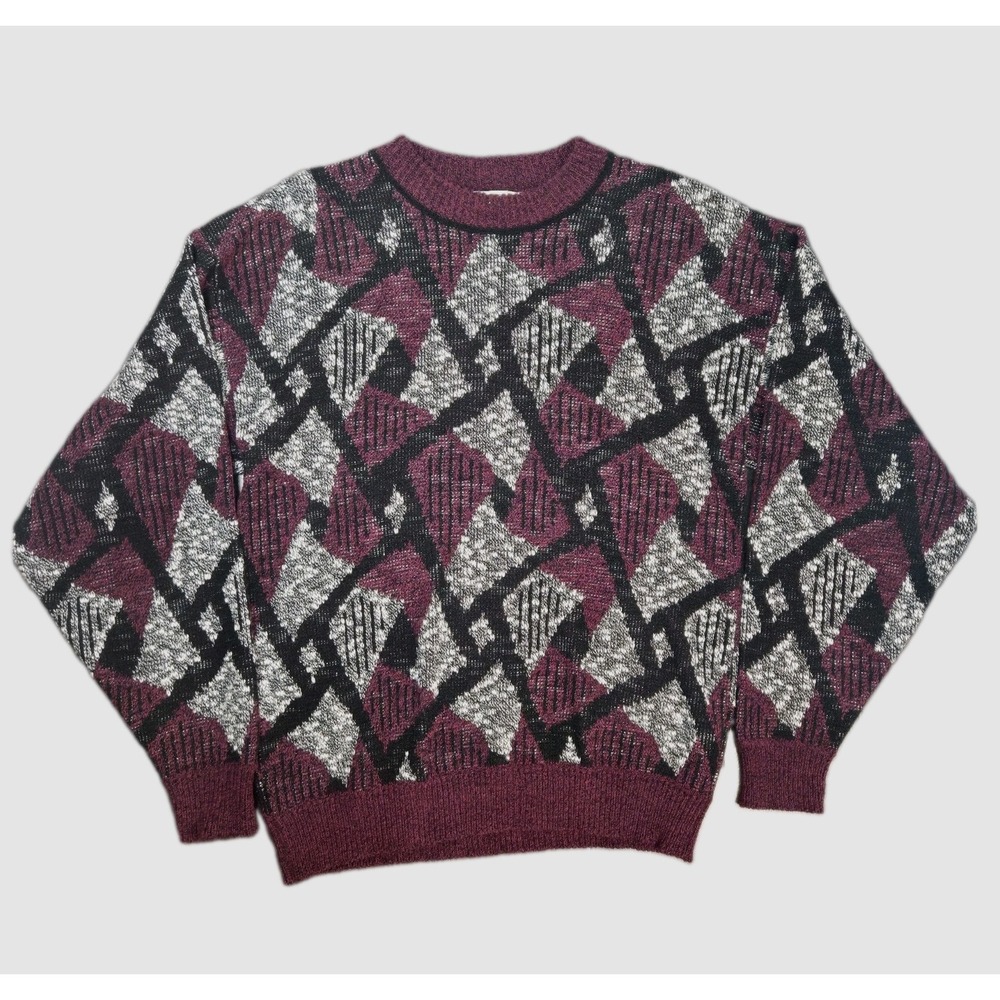 Vintage 80s Le Tigre Geometric Knit Sweater Made in USA Abstract Burgundy Mens L